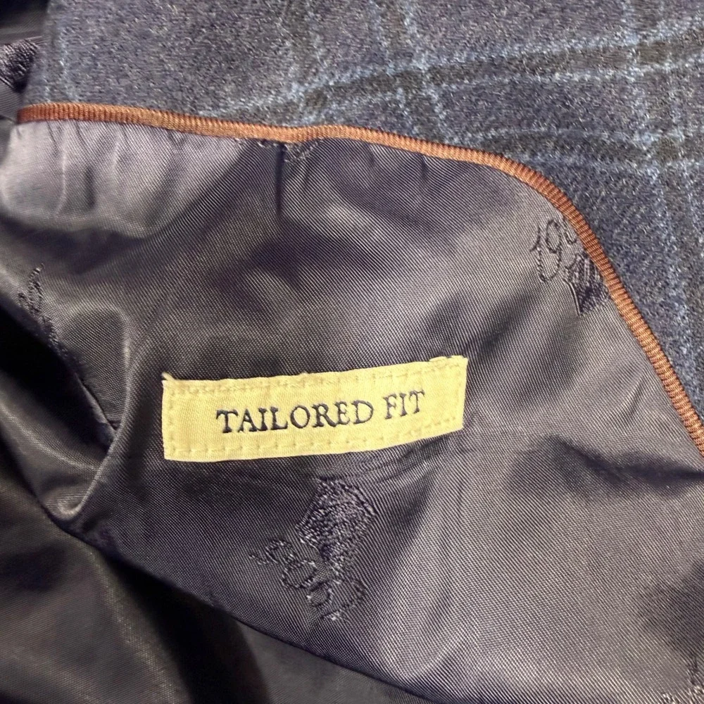 Jos A Bank 1905 Plaid Blazer Mens 43R Navy Blue Wool Blend Brrr Comfort EUC